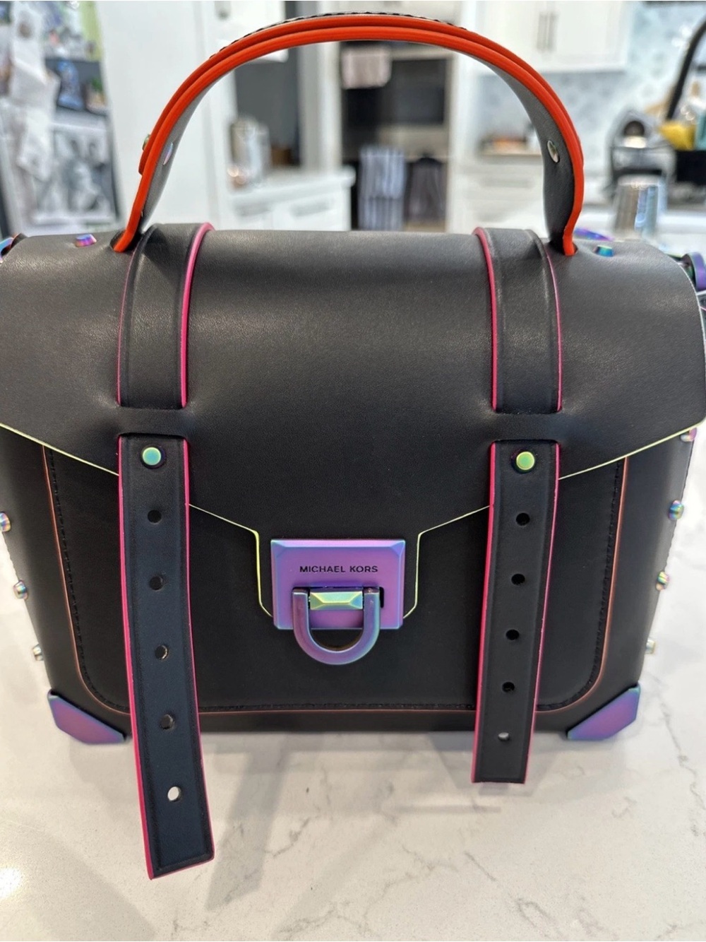 Michael Kors Black Multicolor Accent Manhattan Small Satchel